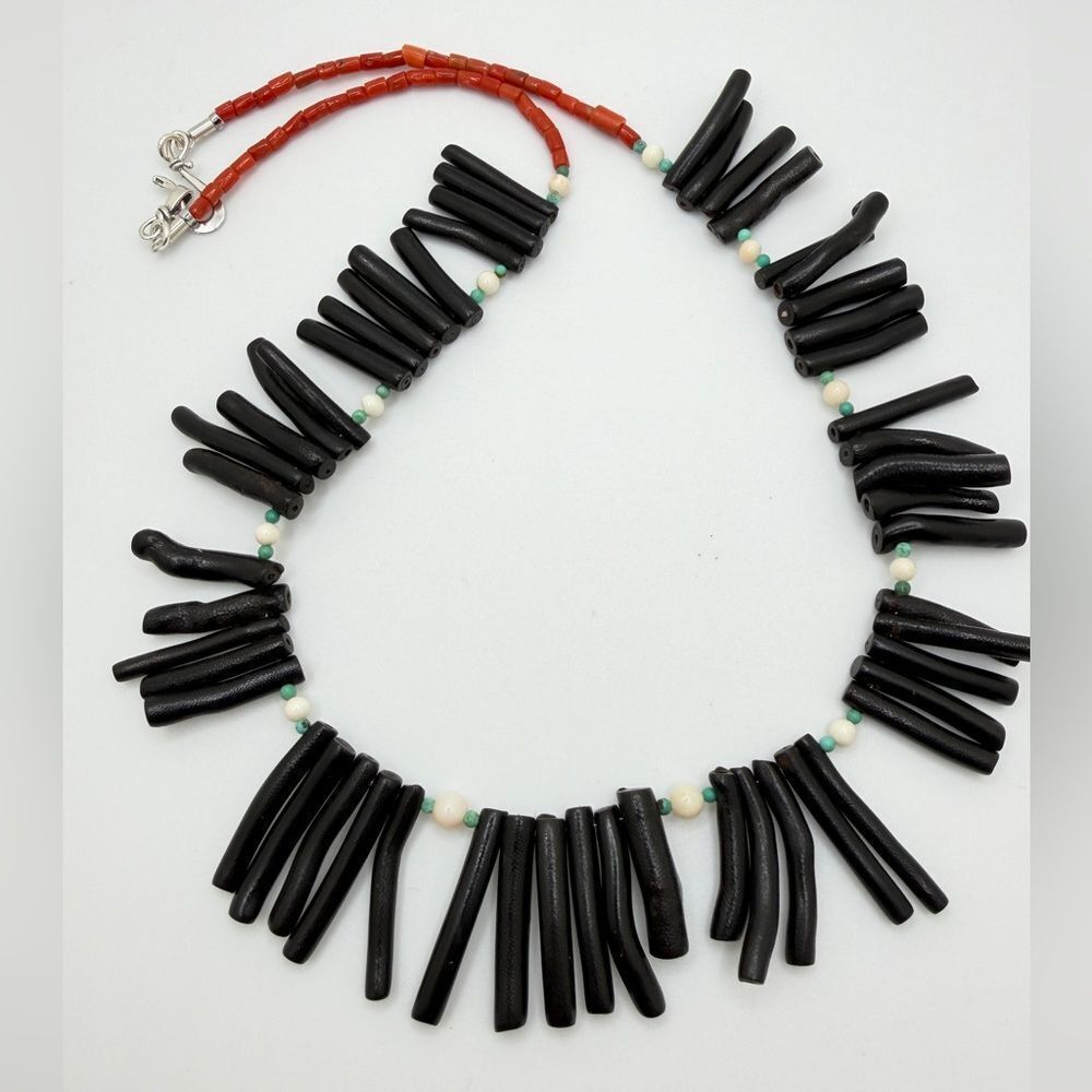 22" Black branch, red, and‎ angel skin coral, turquoise beaded necklace w/ 925!